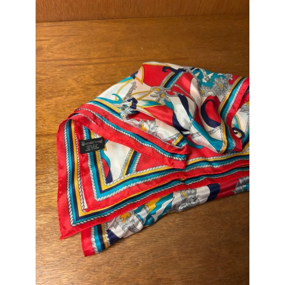 Vintage Nautical 100% Silk Scarf Red White Blue Made in Japan